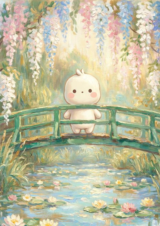 Doro on the Japanese footbridge of Giverny, impressionist oil painting.