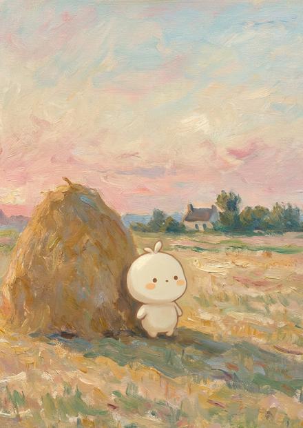 Doro beside a haystack in a wheat field at dawn, impressionist oil painting.