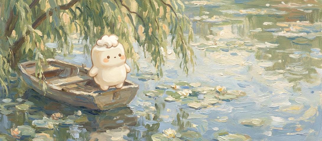 Doro on a small boat among water lilies, painted in Monet's impressionist style.