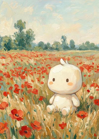Doro sitting in a field of red poppies, impressionist oil painting.